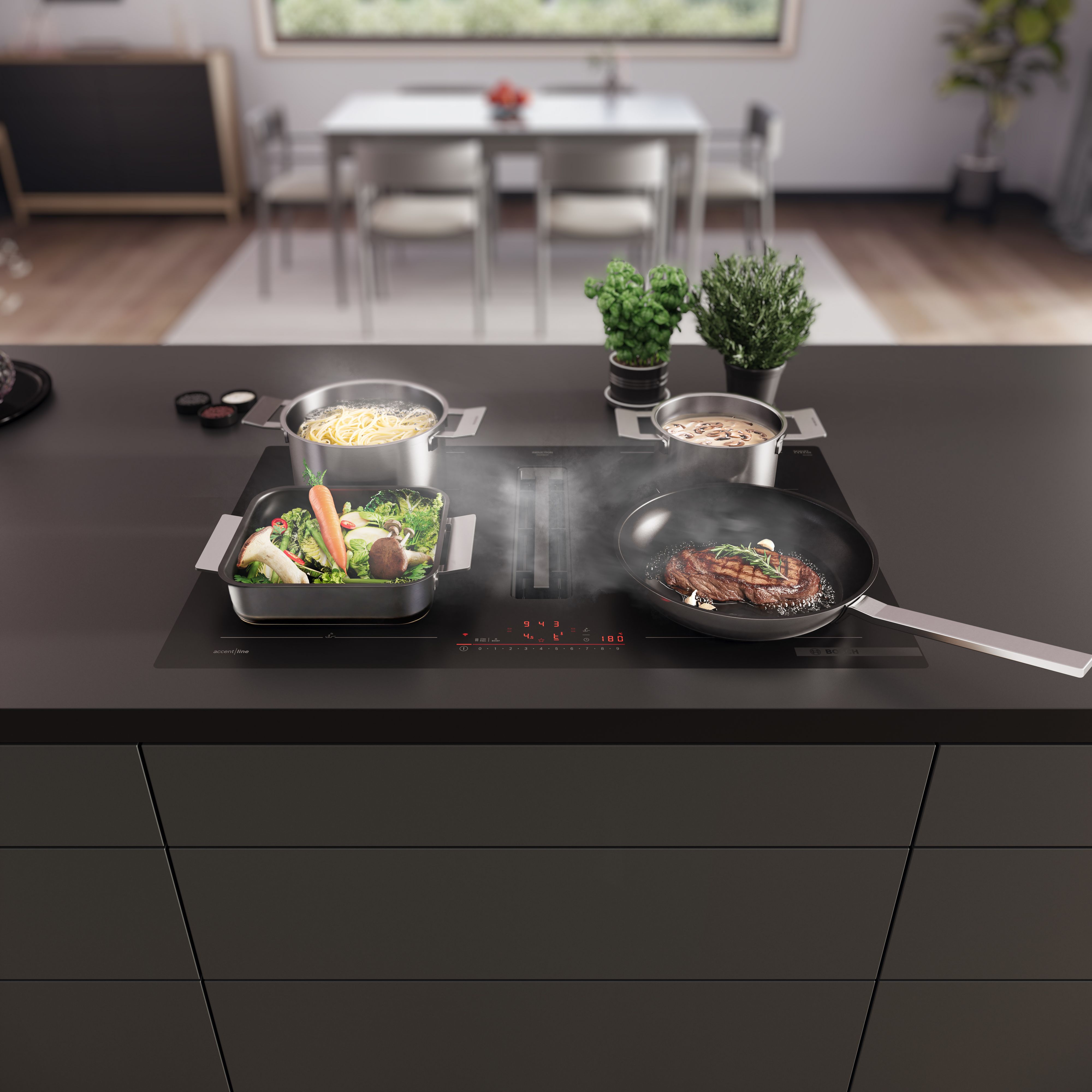 Bosch Matt Design GlassProtect Kochfeld mit integriertem Dunstabzug und Flex Zone