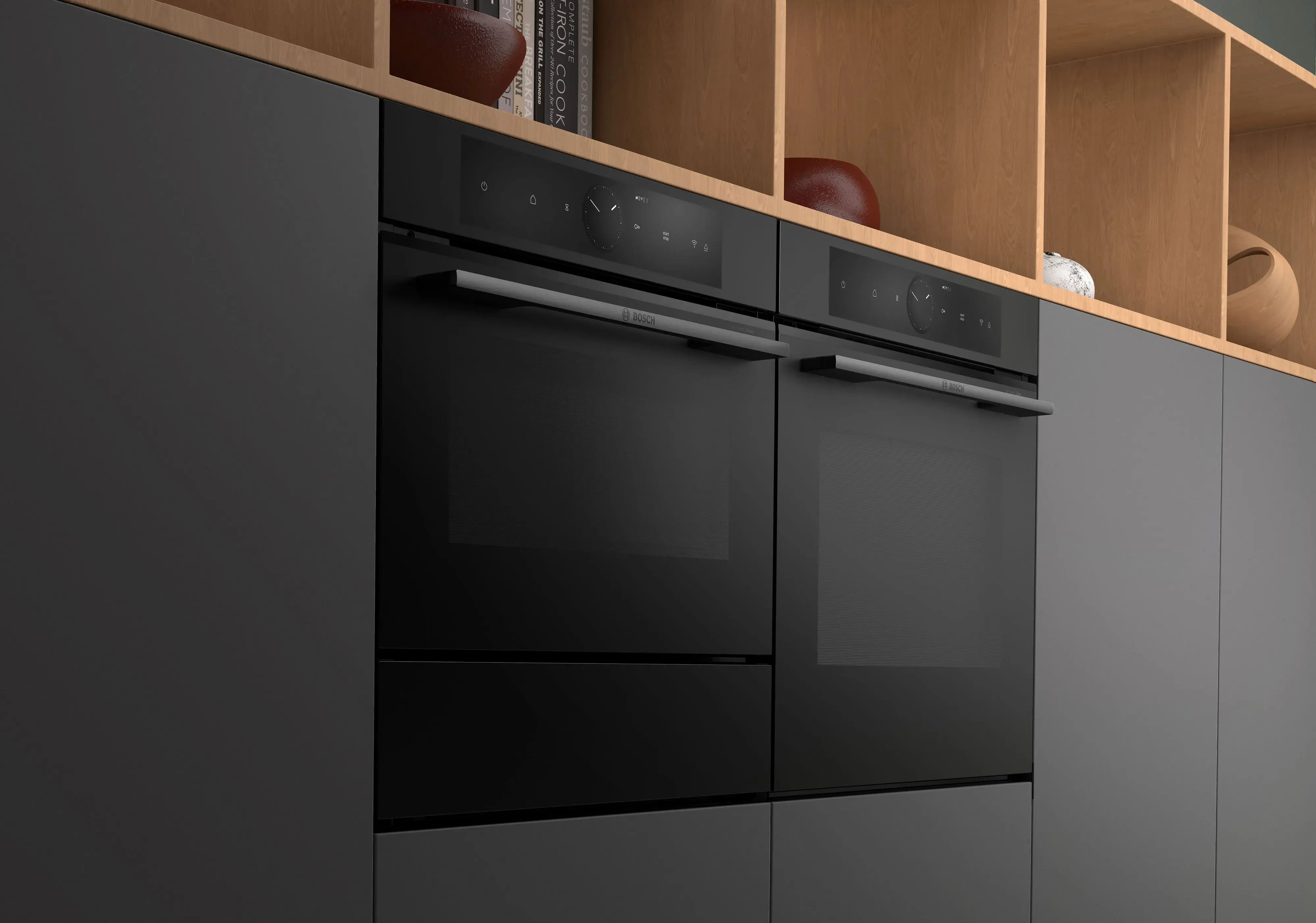 Bosch Black Matt Design Einbauofen Einbaumikrowelle und Dampfschublade im Küchenhochschrank